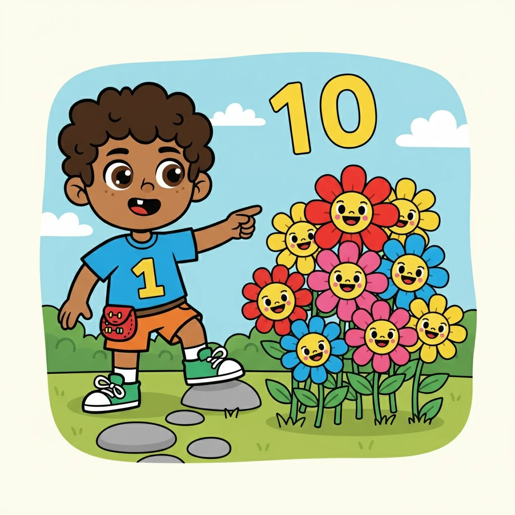 Luego, el libro lo llevó a las Decenas. Diez flores hermosas, agrupadas en un jardín, simbolizaban el número diez. Nico aprendió que diez unidades formaban una decena.