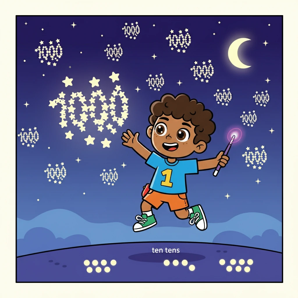 Avanzando en la aventura, Nico llegó a las Centenas. Cien brillantes estrellas iluminaban el cielo nocturno. Nico entendió que diez decenas formaban una centena.