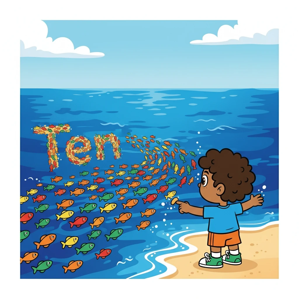 Después, el libro presentó los Diez Miles. Diez mil peces nadaban en un océano azul profundo. Nico se maravilló ante la inmensidad de esta cantidad.
