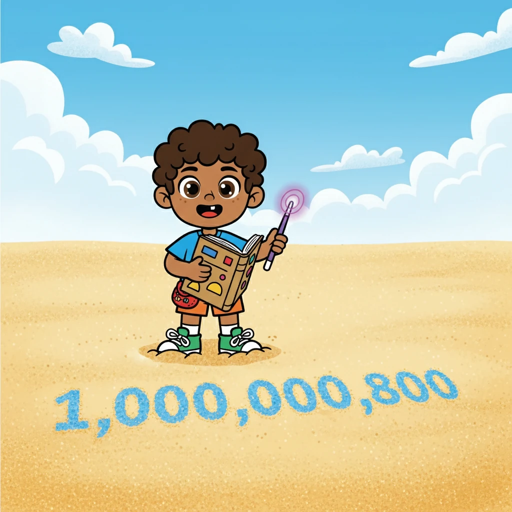 Finalmente, Nico llegó a los Billones. Un billón de granos de arena cubrían una inmensa playa. Nico, con una sonrisa, cerró el libro, ahora un experto en números.