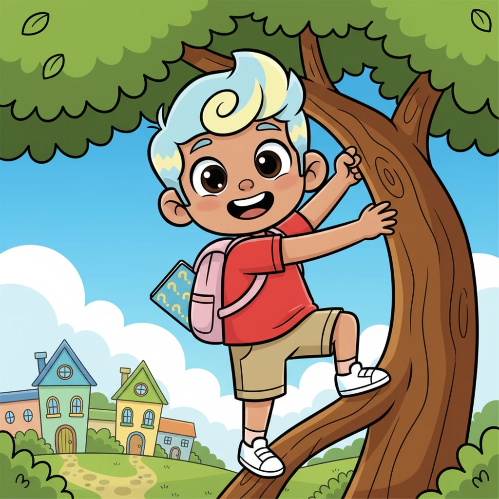 In a cheerful little village filled with colorful houses and winding paths, lived a boy named Liam. He loved to climb the tallest trees, his bright red shirt a flash of color against the green leaves, and always had a puzzle book tucked into his pocket, ready for a new challenge.