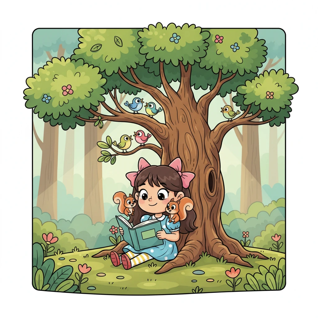 Deep within the whispering forest, lived Emmy, who knew every flower and every creature. She often sat peacefully under a grand, ancient oak tree, absorbed in her books, surrounded by friendly squirrels and chirping birds.