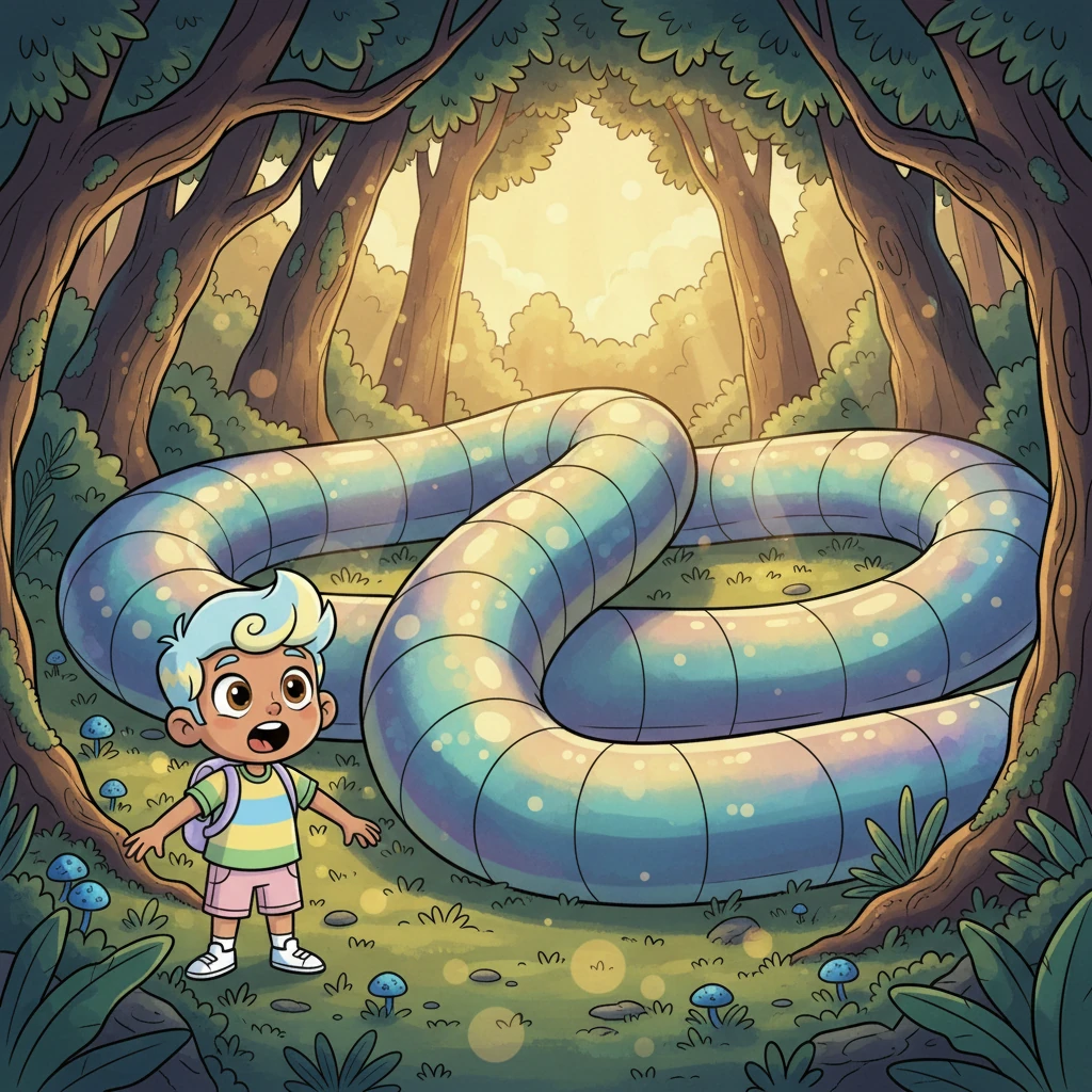 One sunny afternoon, while exploring a hidden grove, Liam stumbled upon something truly extraordinary. It was a giant, shimmering creature, long and iridescent, lying perfectly still on the mossy ground, unlike anything he had ever seen.