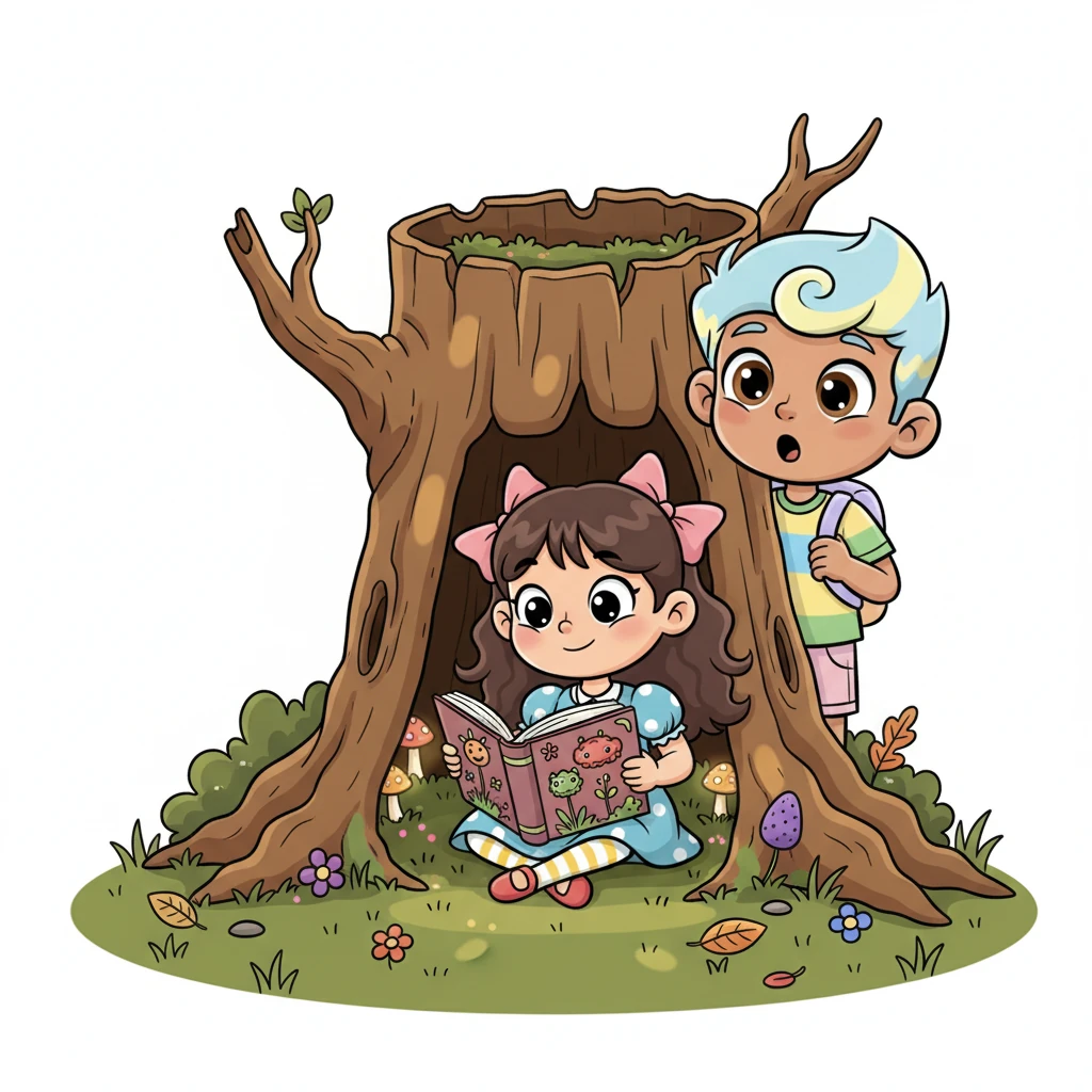 He found Emmy nestled comfortably under a cozy tree stump, just as he'd imagined. She was deeply engrossed in a thick book about exotic plants, a serene smile gracing her lips.