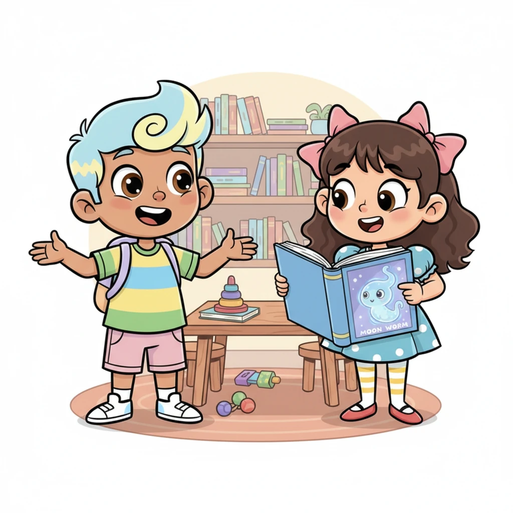 Liam excitedly described the strange creature. Emmy's eyes widened with recognition, and she eagerly flipped through her book. "That sounds like a Moon Worm!" she exclaimed, pointing to a beautiful illustration of a glowing, ethereal creature.