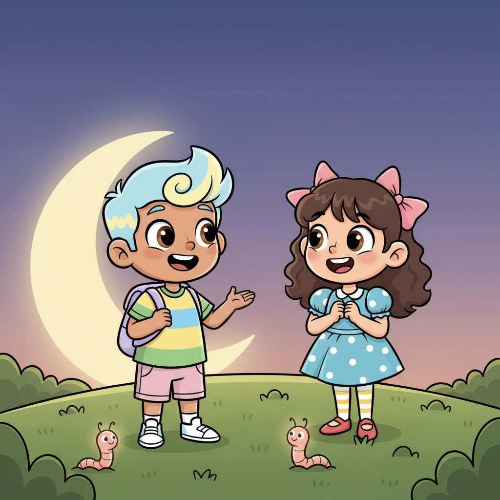 Emmy explained that Moon Worms only emerged from the earth on special moonlit nights. Liam and Emmy looked at each other, their faces alight with shared excitement and wonder, deciding to wait for the moon to rise to witness this magic for themselves.
