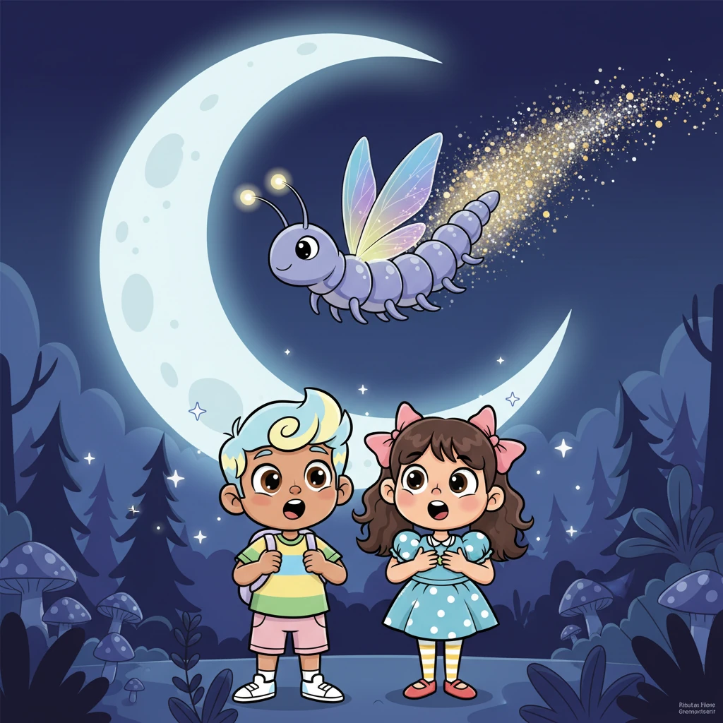 As the full moon cast its silvery glow over the forest, Liam and Emmy watched in breathtaking awe. The magnificent Moon Worm gracefully floated and 'swam' through the air, leaving a shimmering, stardust-like trail in its wake.