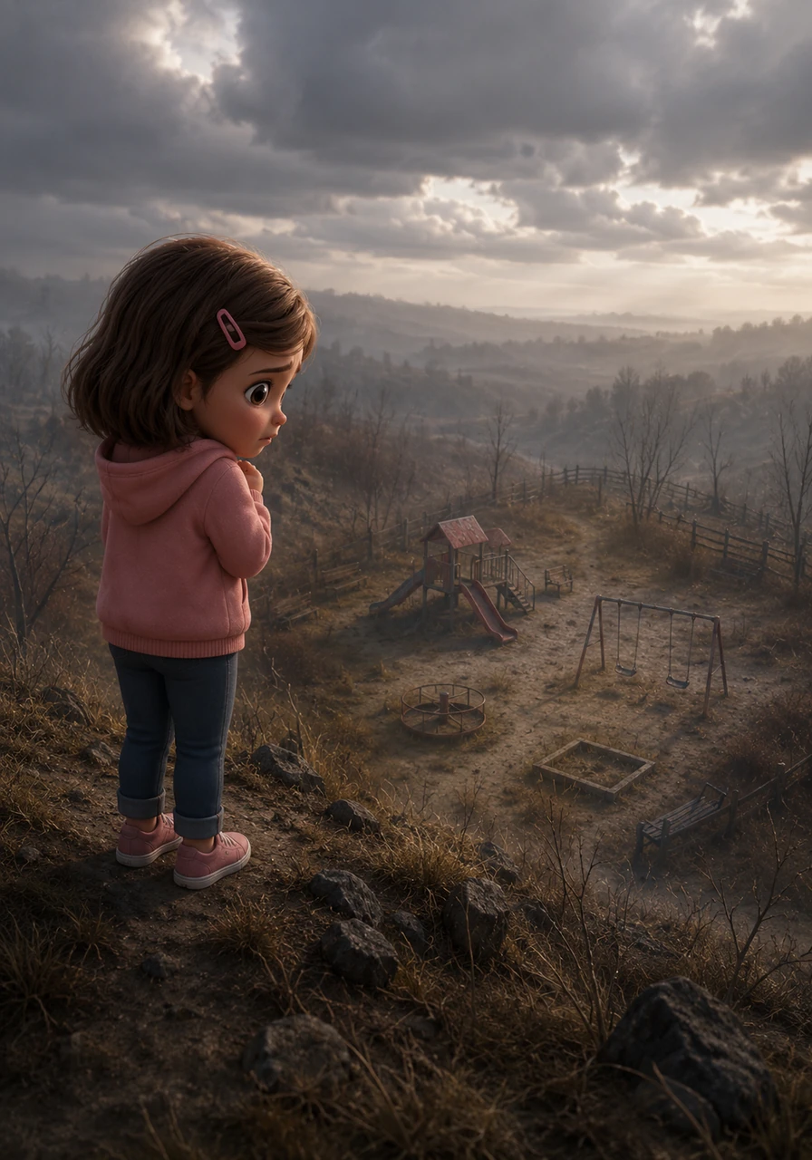 The world had grown quiet and strange, devoid of the laughter of children. Eva stood on a lonely hilltop, looking down at an empty playground, realizing that without the joy of youth, the earth itself was fading away into wilderness.