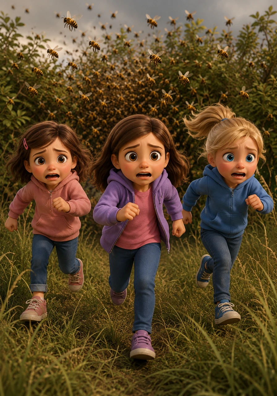 Suddenly, nature began to turn hostile as angry bees swarmed out of the overgrown bushes. Eva and her friends, Zoey and Isabella, ran through the tall grass, realizing they could no longer survive alone in this silent world.
