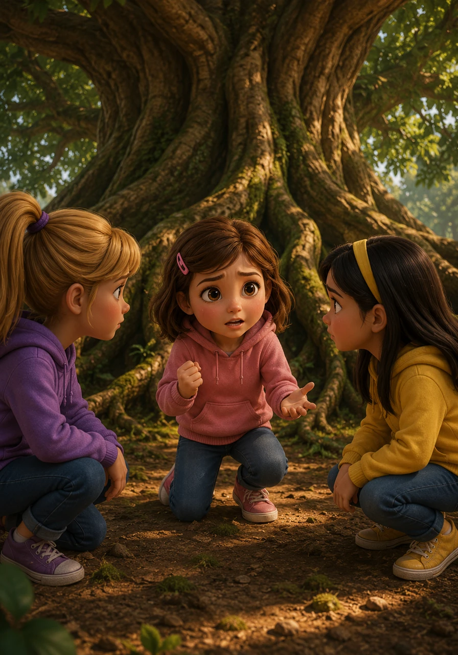 Eva gathered her friends under the shadow of a massive, ancient tree to form a plan. With fierce determination, she proposed they create a legendary alliance called the 'Bina-Shina' team to protect the earth and stand together against the shadows.