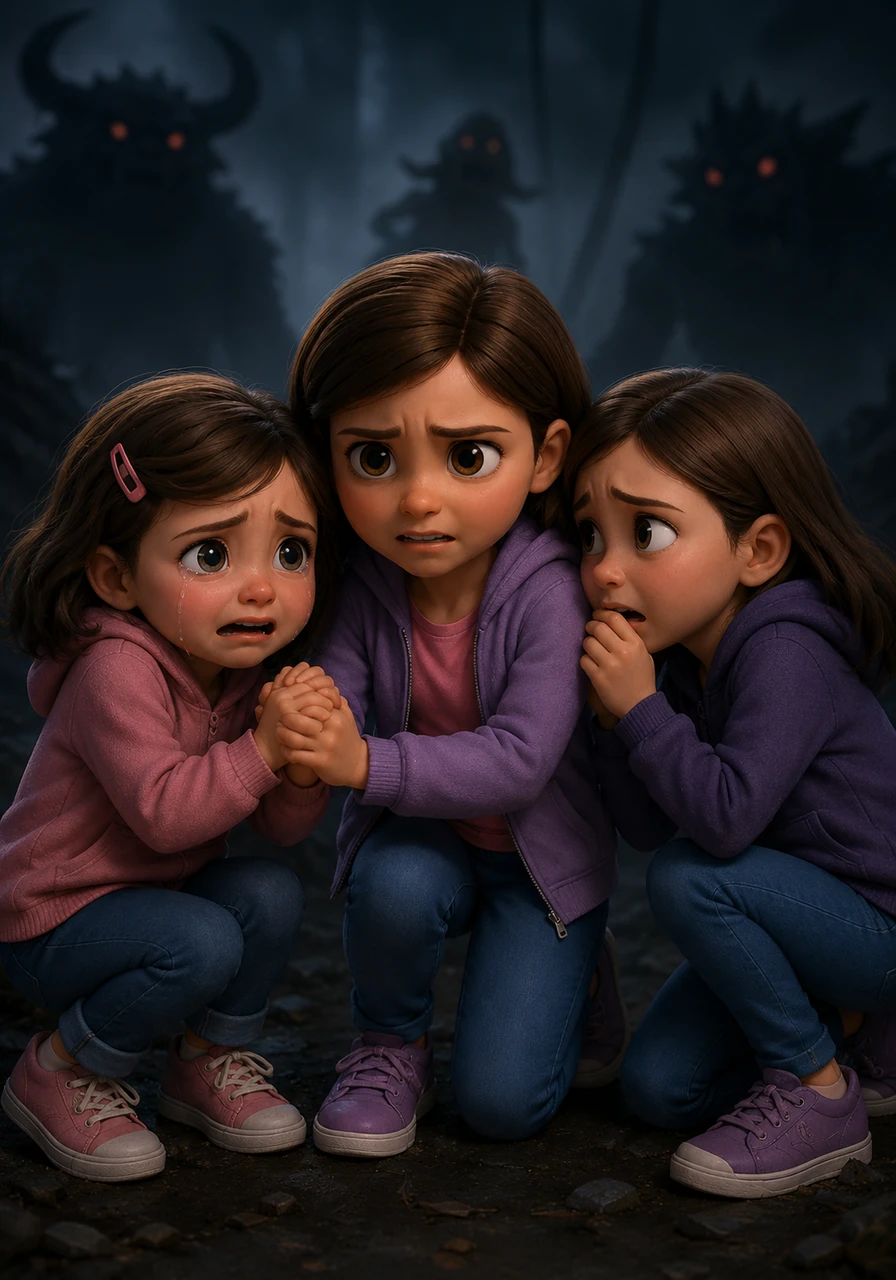 Zoey looked up with tearful eyes, her voice trembling as she asked if the monsters' terrifying friends would come to hunt them down. Isabella huddled close, whispering her fears that they might not survive the battle, but Eva gripped their hands tightly, promising they would save humanity.