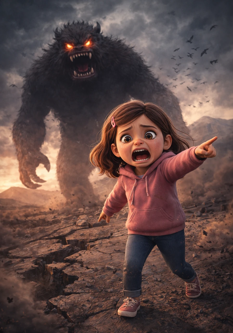 Panicking as the monster advanced, Zoe Yang pointed toward the hills and shouted for everyone to run. The ground cracked beneath the giant's heavy footsteps, sending birds scattering into the darkened sky.