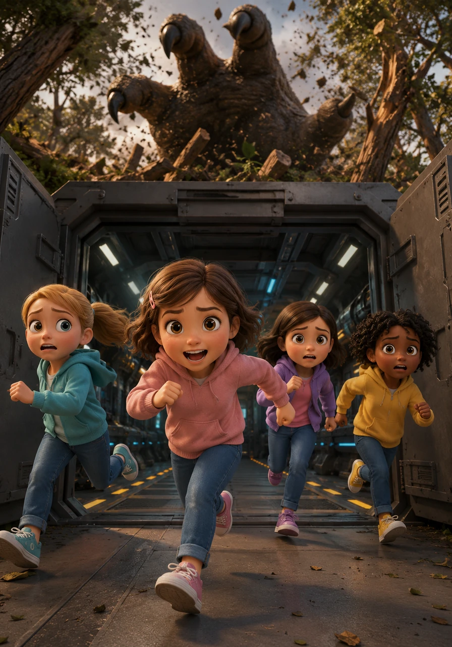 With renewed hope, Isabella cheered at the brilliant idea, and the four friends sprinted toward a hidden launchpad. They burst through the heavy doors of a secret facility just as the monster's giant hand smashed through the forest canopy behind them.