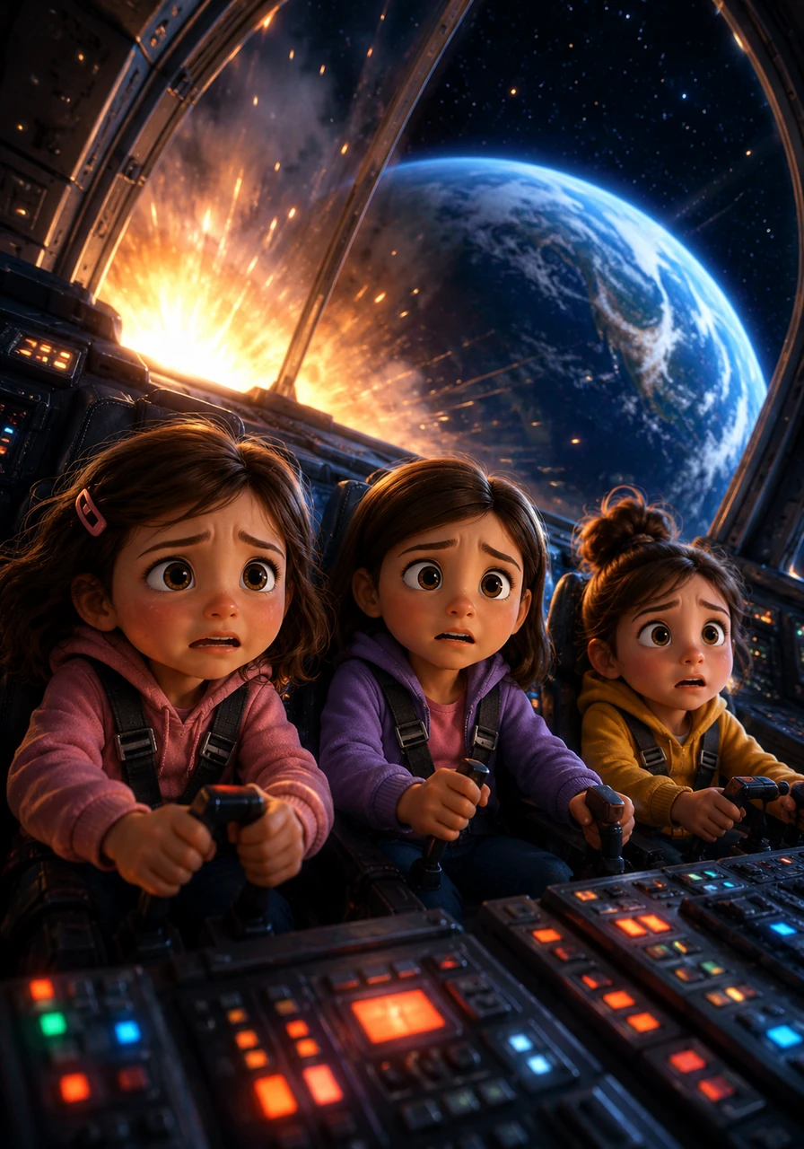 With a massive crash and a flash of brilliant blinding light, the spaceship ignited its engines and blasted off into the dark atmosphere. Inside the cockpit, the children held on tight as the earth rapidly shrank into a blue marble below them.