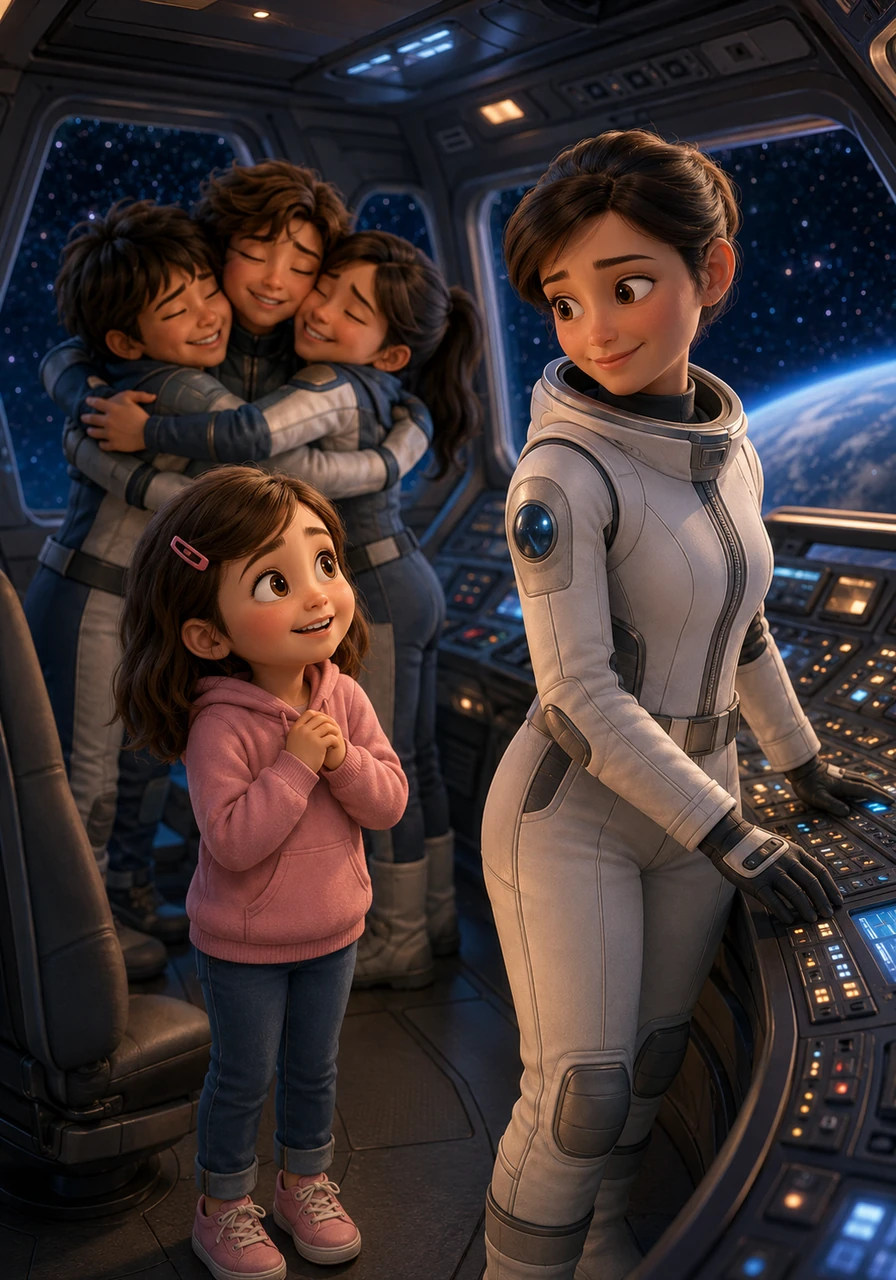 Safely floating in the quiet serenity of outer space, Zoe Yang smiled warmly at Eva's mother, who stood confidently at the control panel in her sleek space suit. The Bina-Shina team hugged each other tightly, knowing they were finally safe among the stars.