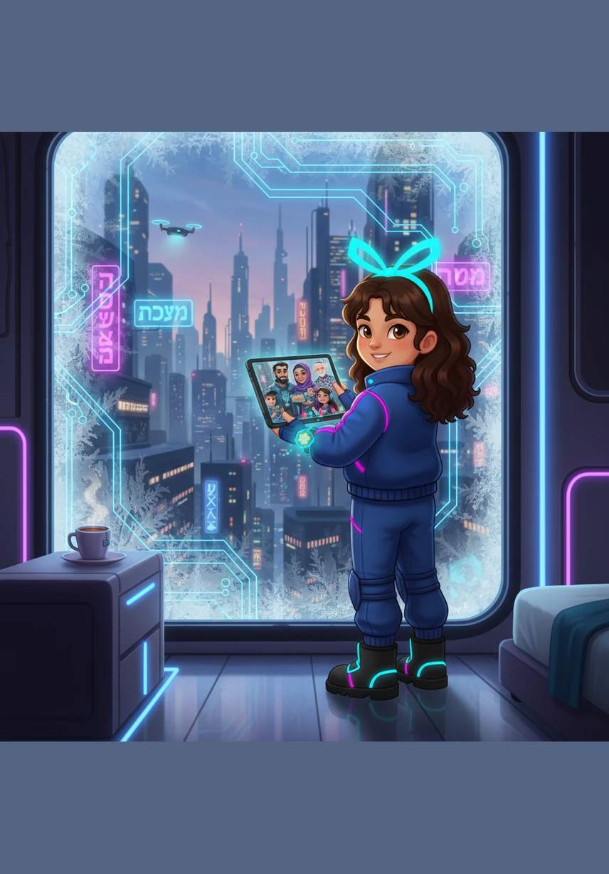 Liora stands by a frosty window, watching the sunset with a big smile as her family gathers to celebrate Hanukkah. The room is decorated with blue and silver stars, creating a warm and festive atmosphere for the Festival of Lights.