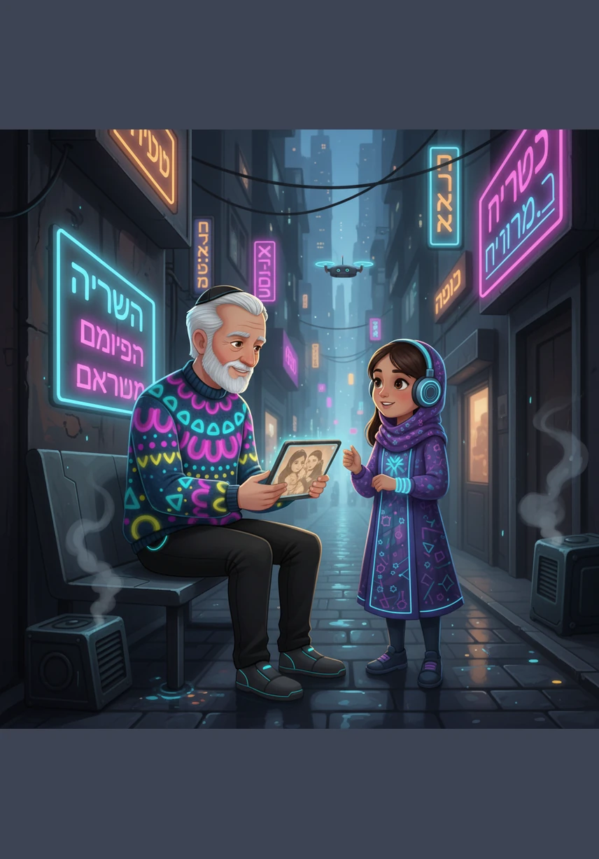 Liora sits on a soft rug while her grandfather shares the story of the brave Maccabees from long ago. The illustration shows the ancient heroes standing tall, representing the spirit of freedom and courage.