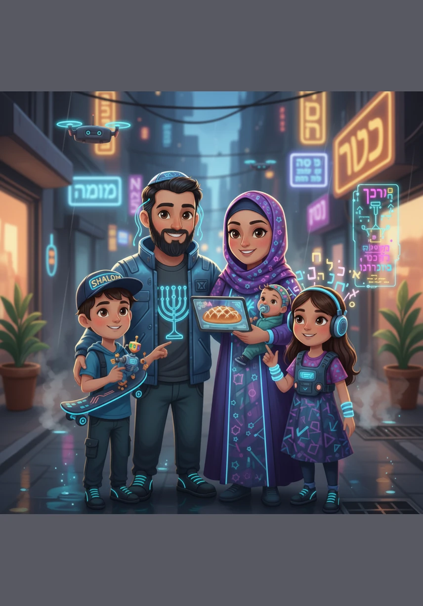 The family gathers around the Hanukkiah to light the first candle and say three special blessings. They give thanks for the candles, the miracles of the past, and the joy of being together for this special season.