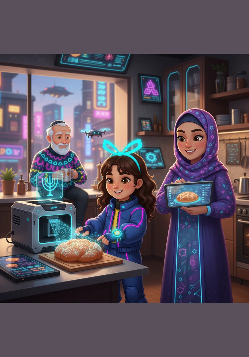 In the kitchen, Liora helps her mother prepare golden latkes and sweet jelly donuts that sizzle in the pan. These delicious foods are fried in oil to remind everyone of the miracle jar from the ancient temple.