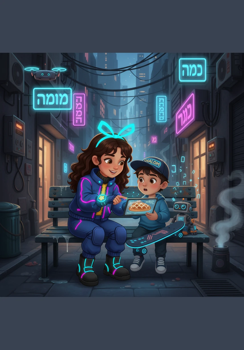 Liora and her brother sit on the floor playing a game with a spinning top called a dreidel. They watch it spin round and round, hoping it lands on a letter that wins them some chocolate coins called gelt.