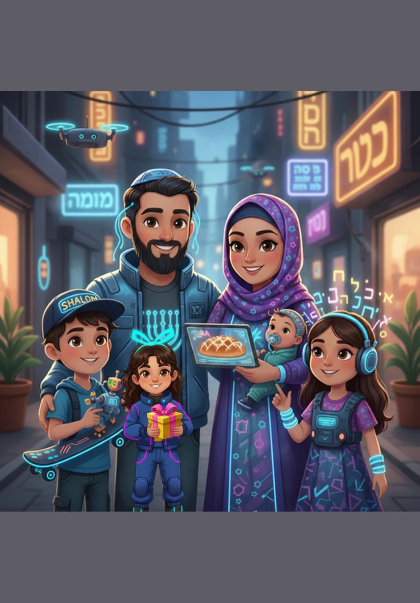 Liora holds a wrapped gift and a handful of chocolate gelt to share with her friends and family. This is a time for giving and showing kindness to everyone, making the holiday feel even more special.