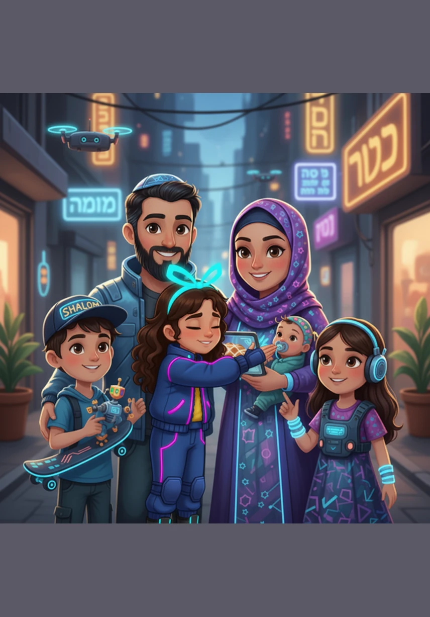 Liora shares a warm hug with her family as they watch the flickering candle flames together. She feels happy knowing that the light of Hanukkah represents bravery, freedom, and the love they have for one another.