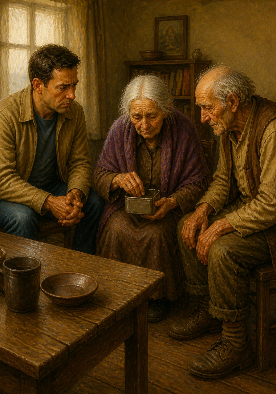 Alexei invited them inside, where a thick, heavy silence filled the room as they sat down. The grandmother carefully pulled a small metal box from her coat, treating it like a sacred treasure.
