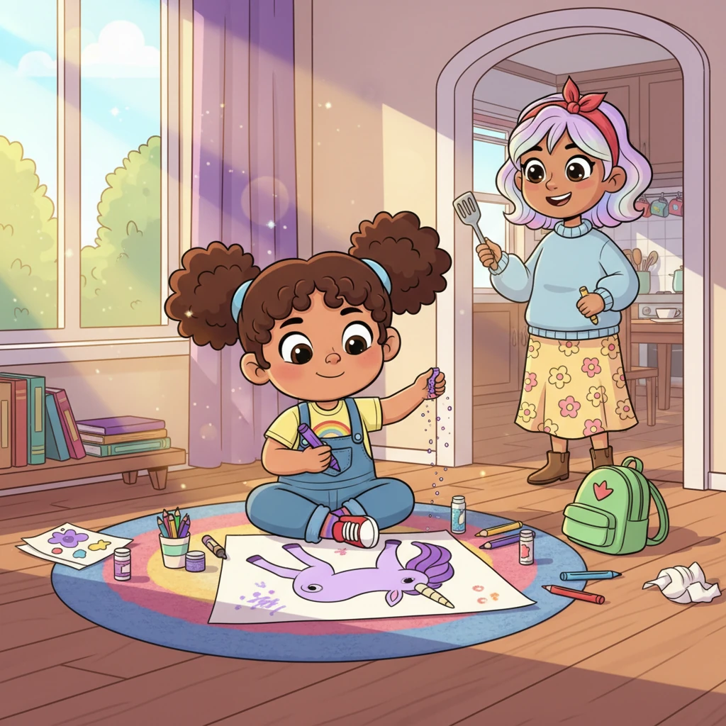 The morning sun peeked through Lily's window, but Lily was deeply engrossed in drawing a magnificent purple unicorn. "Lily-bug, time to get ready for school!" Mom called from the kitchen, her voice cheerful. Lily pretended not to hear, adding glitter to her unicorn's horn.
