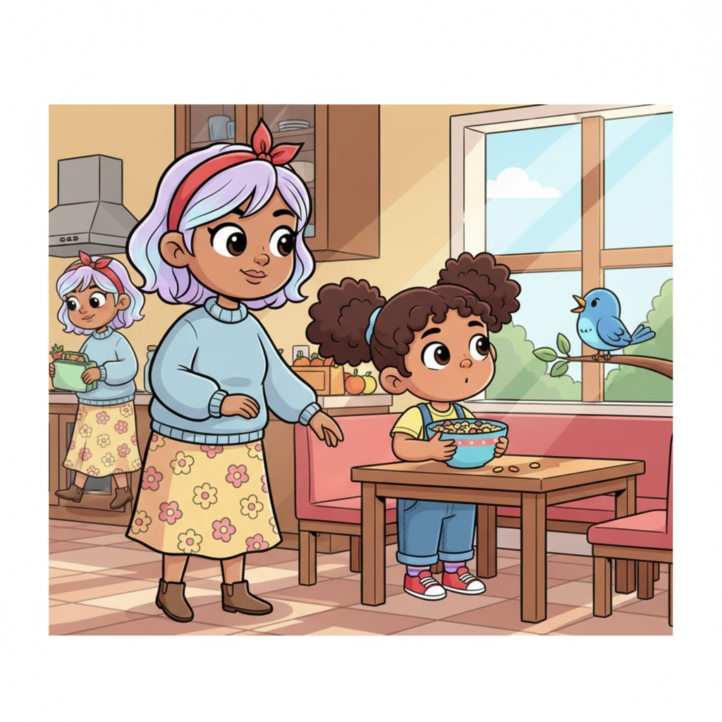 Mom came into the room with a gentle smile, guiding Lily to the breakfast table. They were already a little behind schedule. Lily slowly ate her cereal, gazing out the window at a chirping bird, while Mom bustled around, packing her lunch.