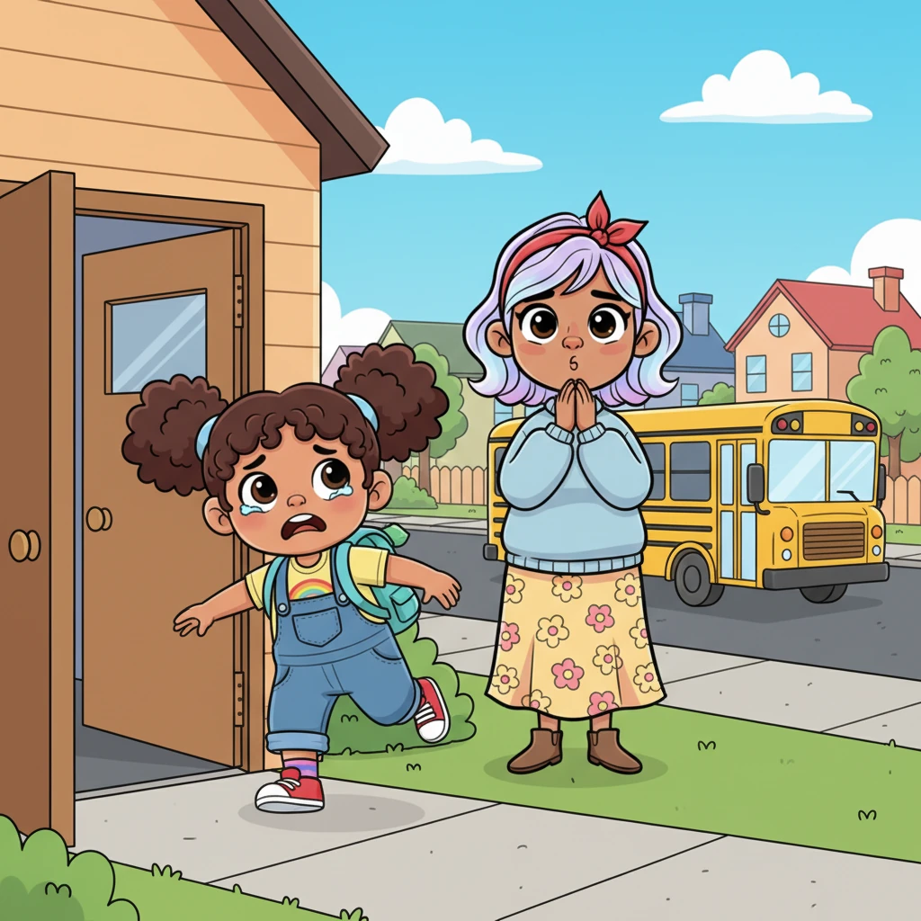 They rushed out the door, just as the big yellow school bus rounded the corner and pulled away from the stop. Lily's eyes widened in disappointment, her backpack swinging. Mom sighed softly, knowing they had missed it.