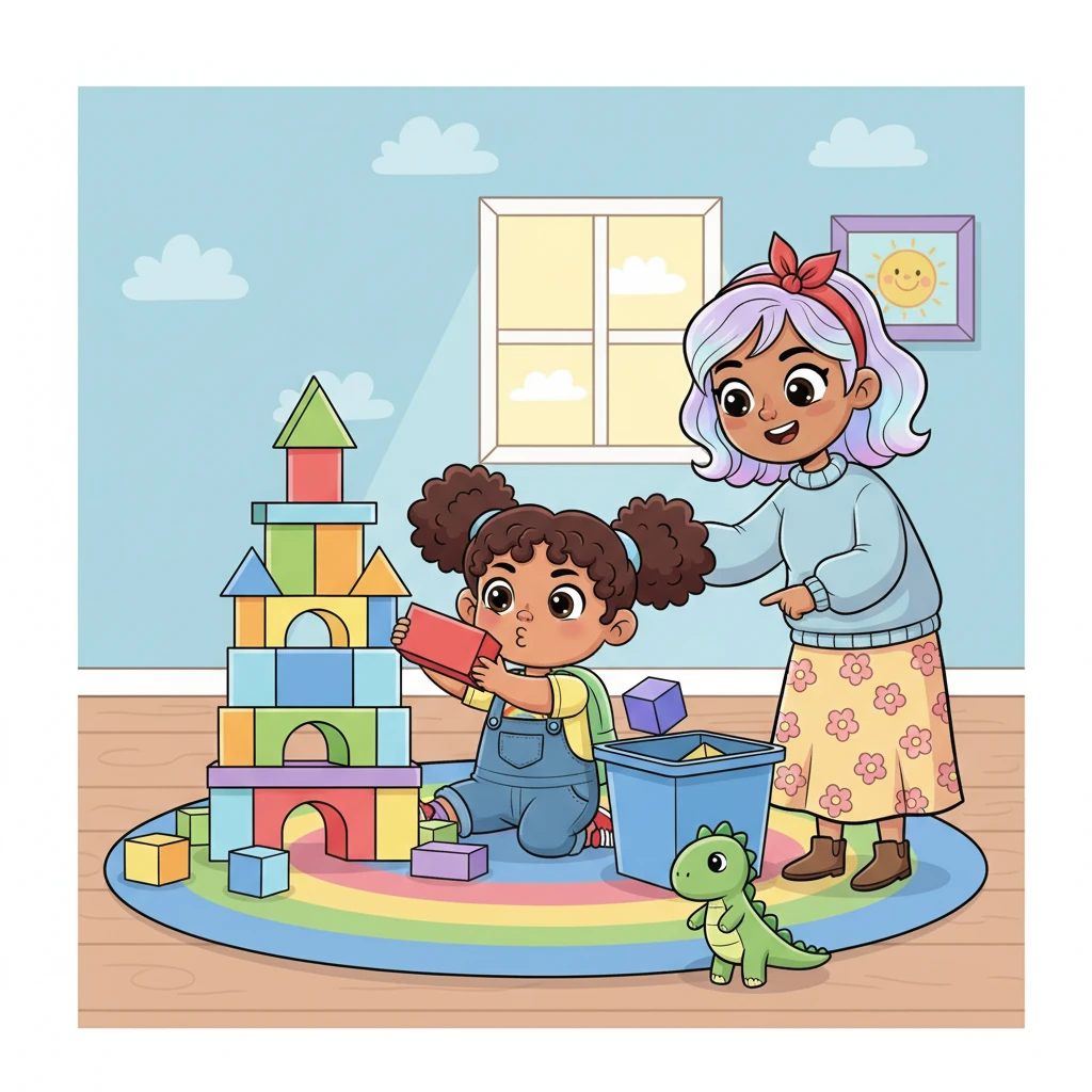 After school, Lily was happily building a towering castle with colorful blocks. "Time to tidy up before snack, my little builder!" Mom announced. Lily mumbled, "Just five more minutes!" but remembered the morning and started putting blocks into their bin.