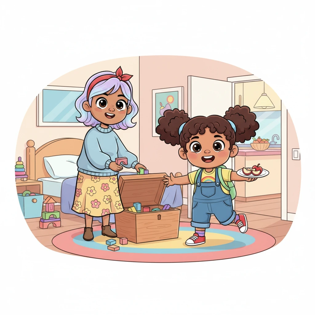 Mom joined in, making a game of putting the blocks away quickly. Soon, the room was neat and tidy. Lily felt a small wave of pride and skipped happily to the kitchen for her yummy apple slices, enjoying her clean space.