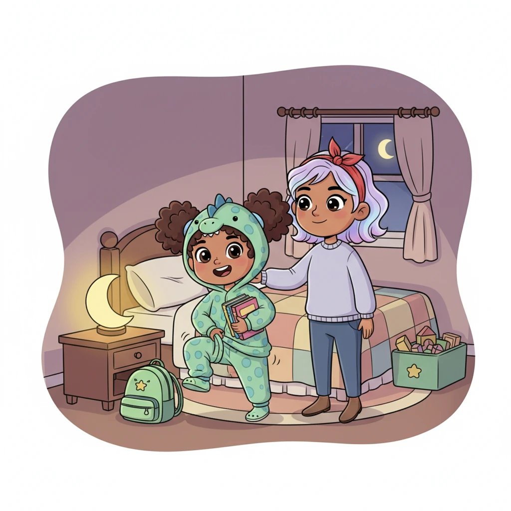 Later that evening, it was bedtime. "Books away, pajamas on!" Mom said, her voice soft. Lily wanted to read just one more page, but instead, she quickly stacked her books and wiggled into her cozy dinosaur pajamas.