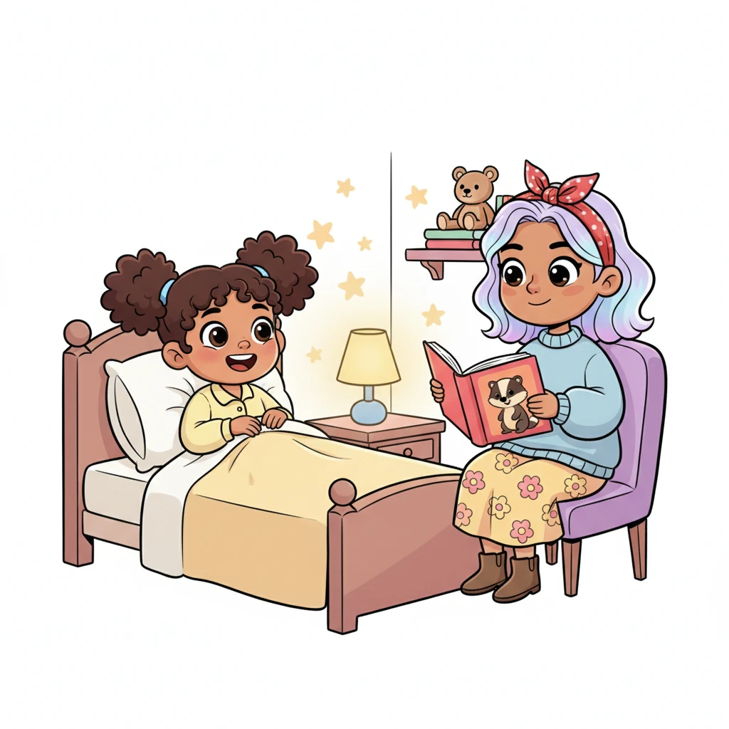 Tucked snugly in bed, Lily beamed as Mom praised her for listening. "Because you were so quick, we have time for an extra-long, silly story!" Mom declared, and Lily giggled as her mom read about a mischievous badger.