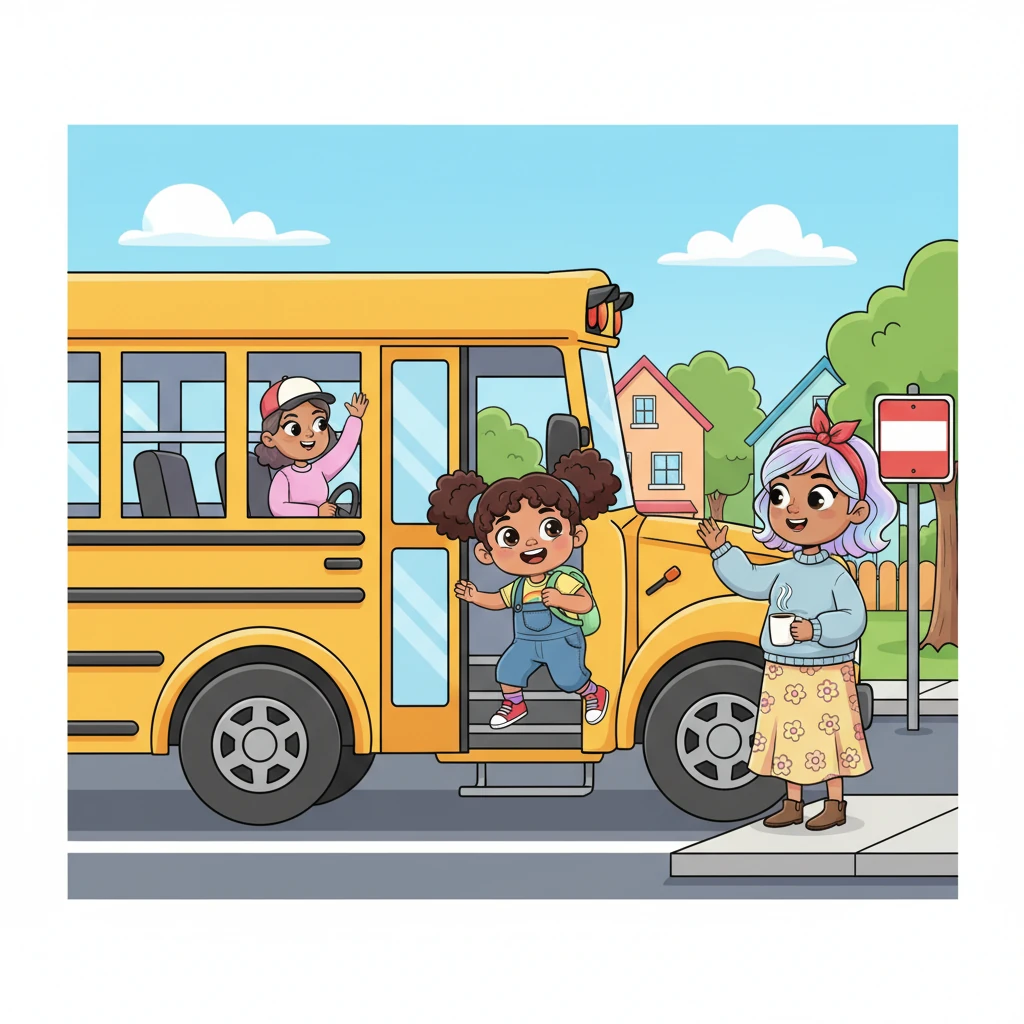 Lily was ready with plenty of time to spare, enjoying a relaxed breakfast with Mom. She skipped out to the bus stop, waving goodbye as she climbed aboard the big yellow bus, feeling proud and happy for a wonderful, smooth start to her day.