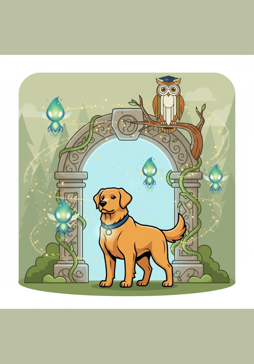 As soon as Barnaby buckled the collar around his neck, the air began to shimmer and swirl with golden sparks. His simple wooden doghouse transformed into a grand, vine-covered stone archway that pulsed with soft blue light.