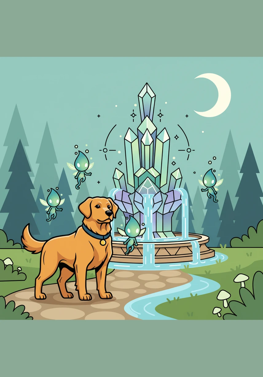The sprites led Barnaby to a magnificent crystal fountain in the center of the island that had stopped flowing. He noticed a small slot in the stone base that was the exact shape of the OWNER tag on his collar.