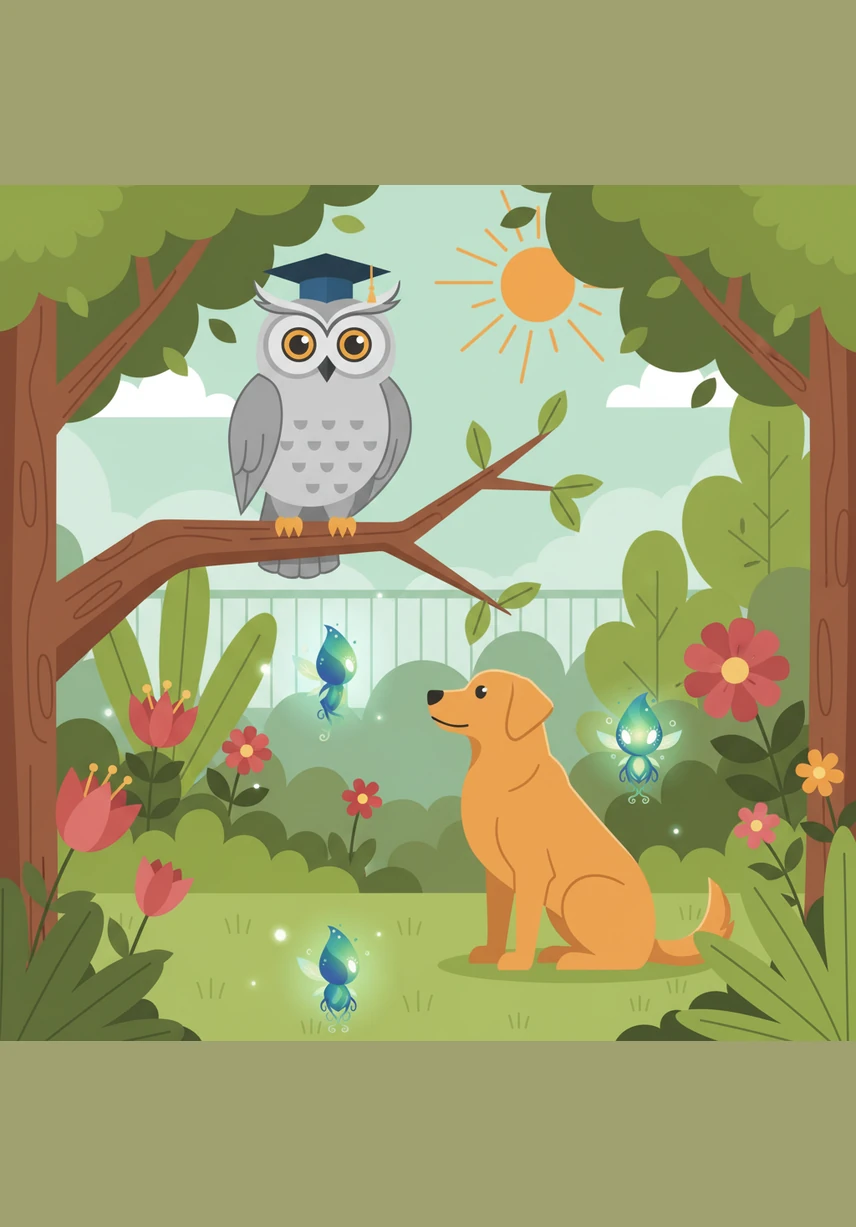 A wise old owl with silver feathers landed on a nearby branch and explained that the title of OWNER was a great honor and responsibility. He told Barnaby that the garden flourished only when its guardian showed courage and a kind heart.
