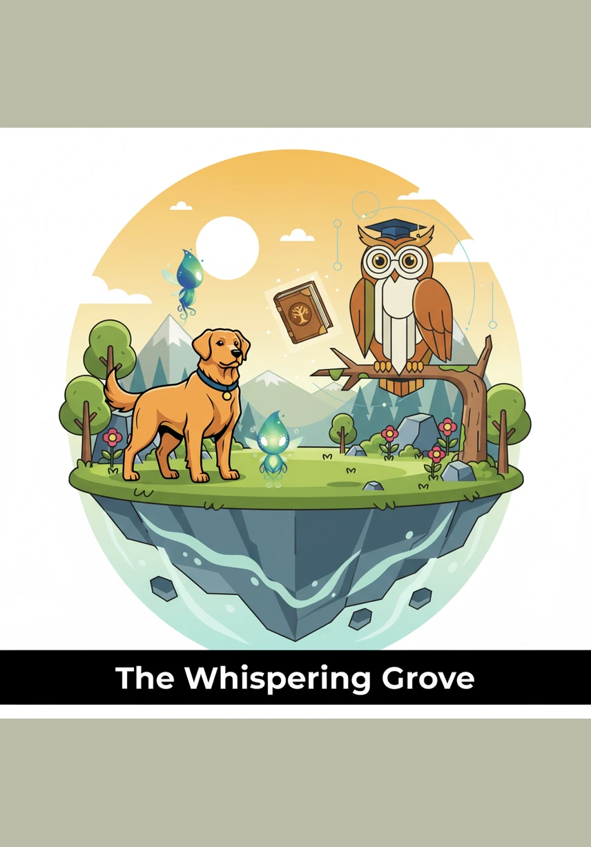 Suddenly, a swirling gray mist began to creep over the edges of the floating island, threatening to dim the garden's vibrant colors. Barnaby stood his ground, his collar glowing brighter and brighter until a dome of golden light pushed the shadows away.