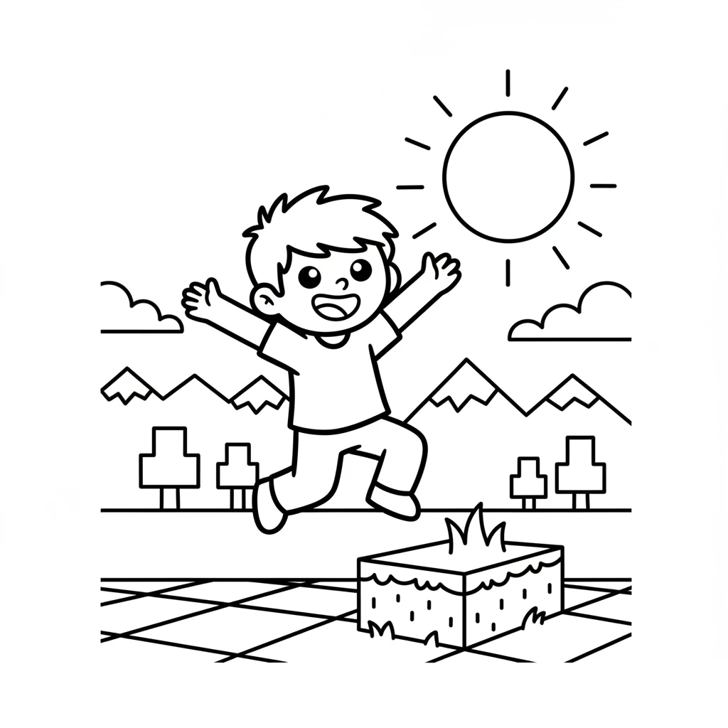 Milo arrived in a brand-new, blocky world, feeling excited. The sun shone bright and round in the clear sky. Everything was made of simple shapes, waiting to be explored.