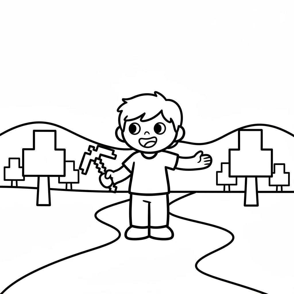 Milo looked around with wide eyes, seeing tall, square trees and gentle, rolling hills. A path stretched out before them, inviting adventure. This world felt full of possibilities.