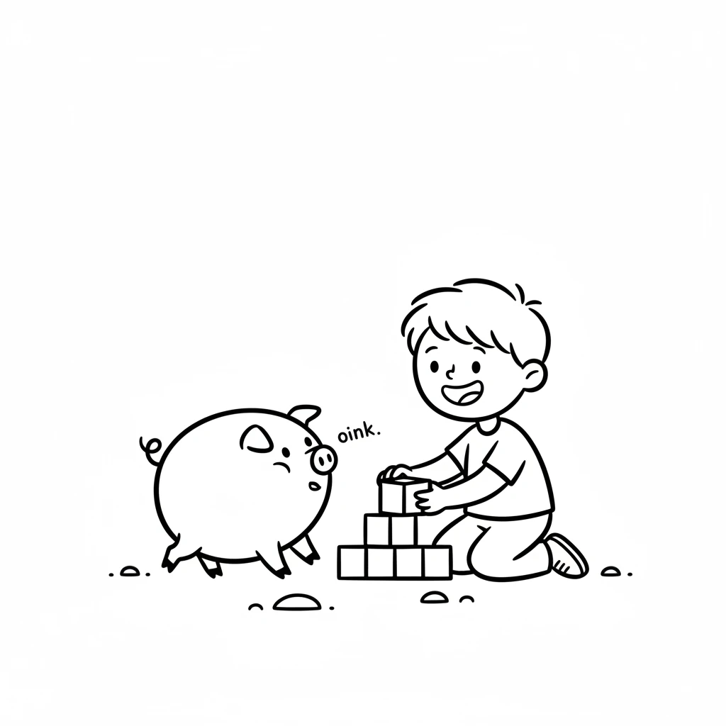 A friendly, round pig with a curly tail trotted over to watch Milo work. The pig oinked softly, seeming to approve of the building. Milo smiled, happy to have a new friend.