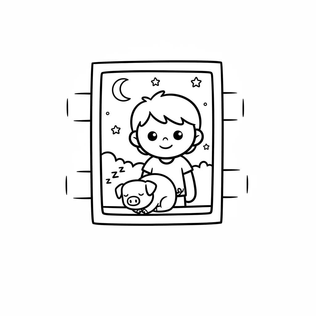 Milo was cozy inside, looking out the window at the peaceful night sky. The friendly pig had curled up just outside, sleeping soundly. The world felt calm and secure.