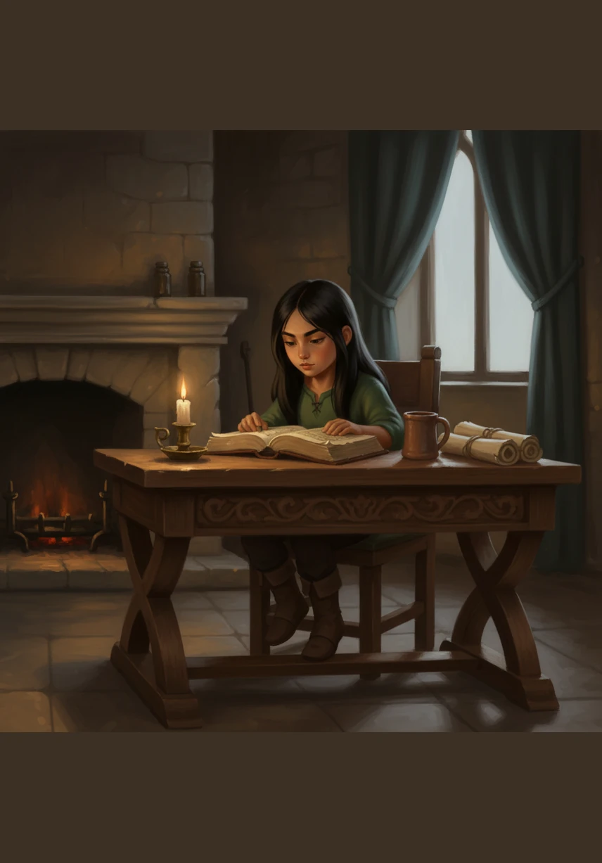 Elara sits alone at her wooden desk, her long black hair cascading over her shoulders like a dark veil. While the other girls in her class whisper and giggle in groups, she remains a silent island, her dark brown eyes fixed intently on her notebook.