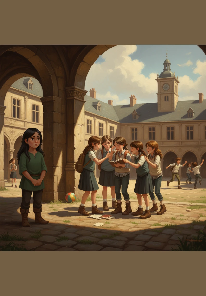 During recess, a group of girls stands nearby, comparing their heights and delicate frames while casting side-glances at Elara's sun-kissed skin and soft features. Elara feels the weight of their judgment, but she simply hardens her expression and stares at the horizon, refusing to let them see her flinch.