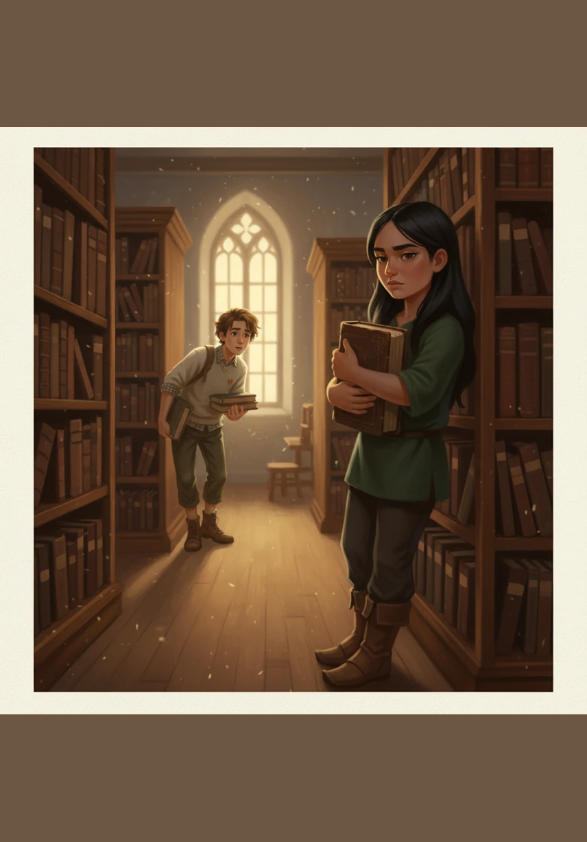 In the quiet corner of the school library, Elara leans against a shelf, holding a heavy book like a shield against the world. Behind her prideful and cold exterior lies a heart that has learned to stay quiet, believing that if she feels nothing, no one can ever hurt her again.