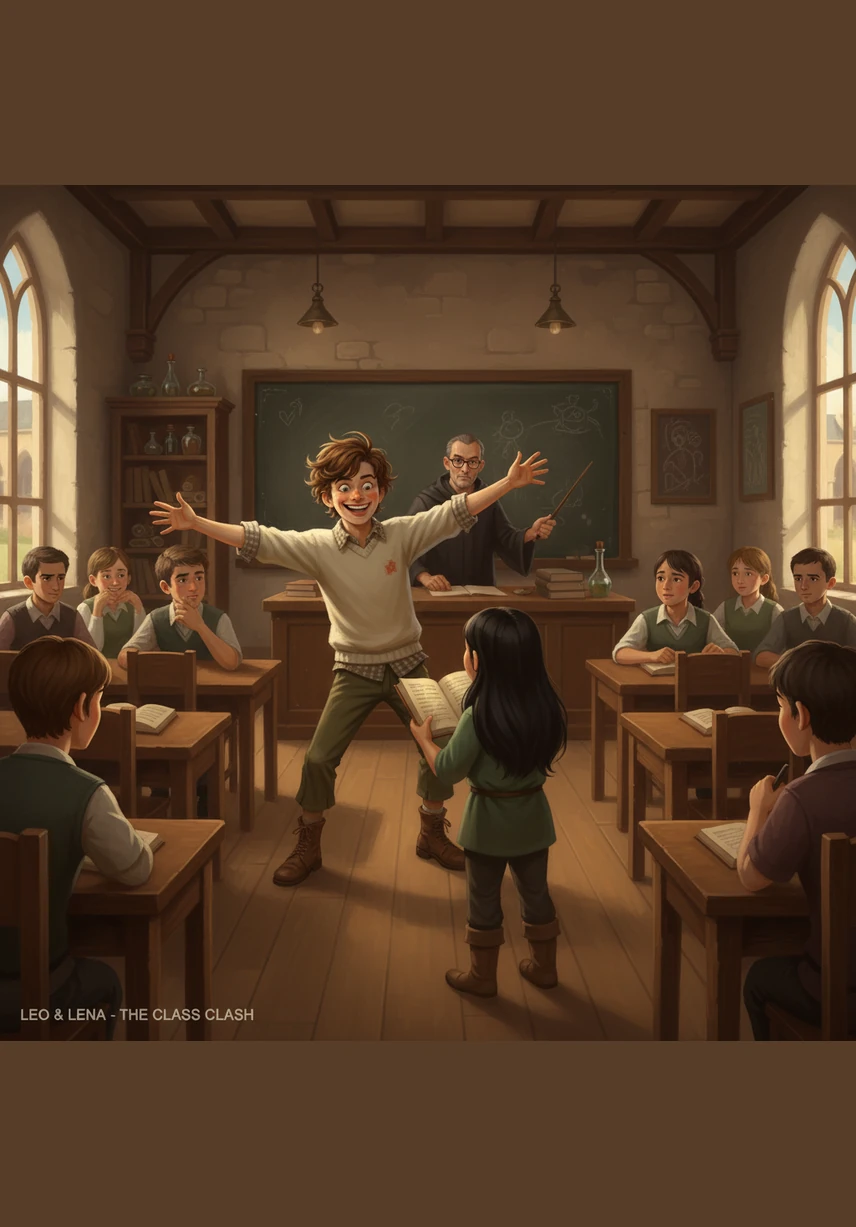 Suddenly, a bright burst of energy disrupts her solitude as Leo, the class clown, balances a stack of erasers on his head right in front of her. He makes a ridiculous, wide-eyed face, hoping to catch even a glimmer of a smile, but Elara stares right through him as if he were made of glass.