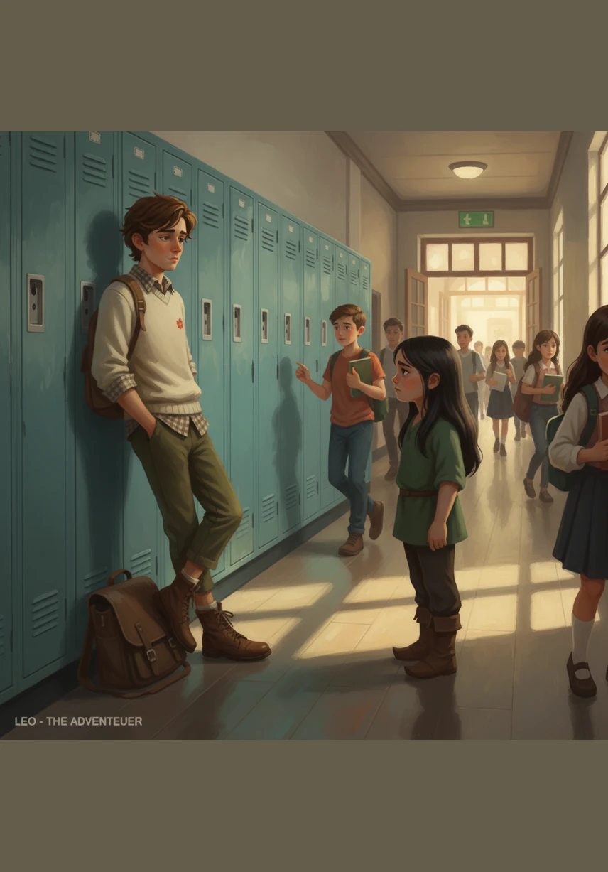 Leo leans against the hallway lockers, watching Elara walk by with her head held high and her books pressed to her chest. He takes her stubborn silence as a personal challenge, not out of malice, but because he recognizes the lonely girl hiding behind the fortress she has built.