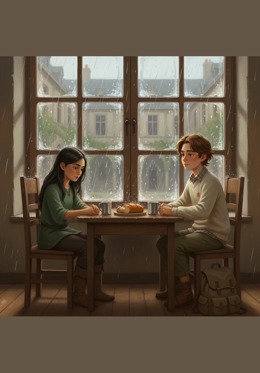 They sit near each other during a rainy lunch break, the rhythmic sound of water drumming against the window filling the space between them. Leo doesn't perform or try to be funny this time; he just sits there, offering her a quiet, steady presence that feels surprisingly safe.