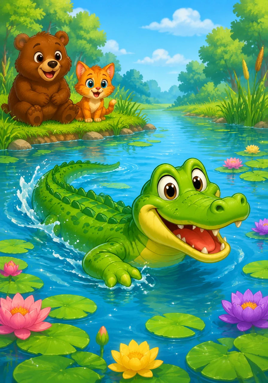 A is for Alligator, swimming in the lake. A friendly green alligator with big expressive eyes and a wide smile paddles through sparkling blue water filled with colorful lily pads.